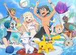  3girls alolan_exeggutor alolan_marowak alolan_vulpix beach bikini blonde_hair blue_eyes braid bubble charjabug collarbone commentary_request dark_skin day french_braid goggles gonzarez green_eyes green_hair highres inflatable_raft kaki_(pokemon) lillie_(pokemon) lycanroc mamane_(pokemon) mao_(pokemon) multiple_boys multiple_girls ocean one-piece_swimsuit one_eye_closed palm_tree pikachu poipole poke_ball_theme pokemon pokemon_(anime) pokemon_(creature) pokemon_sm_(anime) popplio rowlet sarong satoshi_(pokemon) suiren_(pokemon) swimsuit togedemaru torracat tree tsareena turtonator ultra_beast white_sarong wingull 