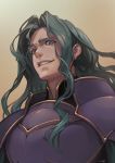  armor aureolin31 blue_eyes brown_background evil_grin evil_smile fire_emblem fire_emblem:_seima_no_kouseki forehead from_below full_armor gradient gradient_background grey_hair grin highres long_hair looking_at_viewer looking_down male_focus nose parted_lips pauldrons sidelocks signature smile teeth upper_body valter wavy_hair 