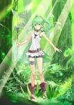  animal animal_on_shoulder anklet bird_on_shoulder black_shorts choker collarbone day eyebrows_visible_through_hair floating_hair forest full_body green_eyes green_hair hair_between_eyes hair_ornament high_ponytail highres holding holding_staff jewelry long_hair looking_at_viewer mizutama_(mizutamalion) nature necklace outdoors shirt short_shorts shorts sleeveless sleeveless_shirt smile solo staff standing thighlet tree white_shirt winda_priestess_of_gusto yuu-gi-ou 