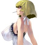  blonde_hair blue_eyes breasts covered_nipples dress highres huge_breasts impossible_clothes masao nipples original profile puffy_nipples see-through short_hair simple_background solo stick white_background white_dress 