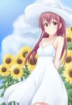  alternate_costume arms_behind_back brown_hair cloud collarbone day dress eyebrows_visible_through_hair flower hair_between_eyes hat highres kantai_collection kisaragi_(kantai_collection) long_hair looking_at_viewer minakami_mimimi purple_eyes sleeveless sleeveless_dress smile solo summer sun_hat sundress sunflower white_dress white_hat 