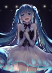  :d black_hairband black_ribbon blue_eyes blue_hair blush cowboy_shot crying crying_with_eyes_open dress elbow_gloves eyebrows_visible_through_hair floating_hair gloves hair_between_eyes hairband hatsune_miku head_tilt long_hair looking_at_viewer miku_symphony_(vocaloid) momoko_(momoko14) neck_ribbon open_mouth pleated_dress ribbon short_dress sleeveless sleeveless_dress smile solo standing tears thank_you thighhighs twintails very_long_hair vocaloid white_dress white_gloves white_legwear 