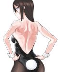  ass back backless_outfit black_hair black_leotard blue_eyes bunny_tail bunnysuit commentary fake_tail fishnet_pantyhose fishnets from_behind girls_und_panzer glaring hair_over_shoulder half-closed_eyes hands_on_hips highres leotard long_hair looking_at_viewer looking_back nonna pantyhose shoulder_blades simple_background solo standing strapless strapless_leotard tail toku_(yhpv8752) upper_body white_background wrist_cuffs 