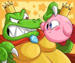  alien angry anthro blue_eyes bulging_eyes cape claws close-up clothing crocodilian crossover crown cute donkey_kong_(series) duo king king_k_rool kirby kirby_(series) kremling male nintendo pecs reptile royalty scales scalie sharp_claws sharp_teeth size_difference smile sweat teeth video_games waddling_head zieghost 