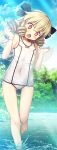 ass_visible_through_thighs bangs bare_arms bare_legs bare_shoulders barefoot black_ribbon blonde_hair blue_sky breasts chima_q collarbone commentary_request covered_navel day drill_hair drill_locks eyebrows_visible_through_hair fairy_wings feet_out_of_frame hair_between_eyes hair_ribbon hands_up head_tilt highres light_rays looking_at_viewer luna_child name_tag one-piece_swimsuit open_mouth orange_eyes outdoors ribbon school_swimsuit short_hair sky small_breasts solo standing standing_on_one_leg swimsuit thighs touhou tree wading water white_swimsuit wings 