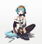  blue_hair boots bra breasts collarbone commentary detached_sleeves fingerless_gloves girls_frontline gloves highres looking_at_viewer necktie phone red_eyes short_hair simple_background sitting small_breasts solo thighhighs underwear white_background z'co zas_m21_(girls_frontline) 