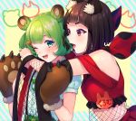  animal_ears bbbannooo bear_ears bear_paws black_hair blush breasts character_request copyright_request eyebrows_visible_through_hair fox_ears green_eyes green_hair hair_ornament hairclip looking_at_another medium_breasts multiple_girls one_eye_closed open_mouth red_eyes short_hair short_sleeves smile 
