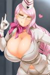  :q breasts cleavage collarbone earrings eyewear_chain facominn fate/grand_order fate_(series) glasses gloves hand_on_hip hat heart highres huge_breasts jewelry koyanskaya long_hair midriff pink_hair pink_ribbon ribbon solo tongue tongue_out very_long_hair white-framed_eyewear white_gloves wide_hips yellow_eyes 