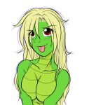  anthro avencri blonde_hair breast_squish breasts cela crocodile crocodilian eyelashes eyes_visible_through_hair female hair humanoid nude red_eyes reptile scalie simple_background solo tongue tongue_out white_background 