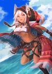  1girl absurdres azur_lane blue_sky bodypaint breasts cape cloud cloudy_sky dark_skin eyebrows_behind_hair facepaint fur_trim hair_between_eyes headgear highres hood long_hair looking_to_the_side medium_breasts minneapolis_(azur_lane) native_american navel ocean open_mouth pelvic_curtain ponytail red_cape red_eyes revealing_clothes sky solo thigh_strap thighs trini underboob white_hair wrist_straps 