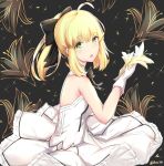 :o ahoge artoria_pendragon_(all) bangs bare_shoulders black_background black_bow blonde_hair blush bow dress eyebrows_visible_through_hair fate/stay_night fate/unlimited_codes fate_(series) flower gloves green_eyes hair_between_eyes hair_bow holding holding_flower looking_at_viewer looking_to_the_side parted_lips pleated_dress ponytail rocm_(nkkf3785) saber_lily sidelocks sleeveless sleeveless_dress solo twitter_username white_dress white_flower white_gloves yellow_flower 