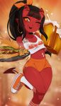  alcohol beer beverage burger demon ear_piercing female food horn humanoid looking_at_viewer meru_(merunyaa) merunyaa midriff not_furry piercing red_skin solo succubus tongue tongue_out wet_clothing 