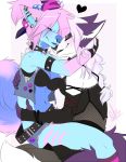  2019 5_fingers anthro black_nose blue_fur blue_nose breasts canine clothed clothing duo female fur hair mammal navel pink_hair simple_background smile wolf wolflady 