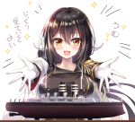  :d azur_lane bangs blush breasts brown_eyes brown_hair brown_jacket cape collarbone commentary_request curled_horns emphasis_lines epaulettes eyebrows_visible_through_hair gloves gold_trim hair_between_eyes highres horns jacket large_breasts long_hair long_sleeves mikasa_(azur_lane) military_jacket model_ship open_mouth outstretched_arms sidelocks simple_background smile solo sparkle translation_request very_long_hair white_background white_cape white_gloves youta 