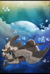  2013 ambiguous_gender black_bars black_feathers black_lips blue_eyes canine cosmic_background digital_media_(artwork) feathers feral grey_feathers mammal maplespyder solo wolf 