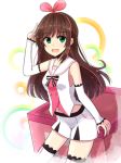  :d a.i._channel breasts brown_hair cowboy_shot detached_sleeves eyebrows_visible_through_hair green_eyes kizuna_ai long_hair looking_at_viewer mashayuki medium_breasts midriff multicolored_hair navel open_mouth pink_hair sailor_collar shorts smile solo streaked_hair virtual_youtuber 