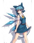  &gt;:( adapted_costume ascot bangs bare_shoulders belt blue_bow blue_dress blue_eyes blue_hair bow breasts cirno collarbone commentary dress english_commentary eyebrows_visible_through_hair feet_out_of_frame hair_bow hater_(hatater) highres ice ice_wings looking_to_the_side medium_breasts pinafore_dress pointy_ears shadow shirt short_hair short_sleeves shoulder_cutout skirt_hold solo standing thighs touhou v-shaped_eyebrows wet white_shirt wings yellow_neckwear 