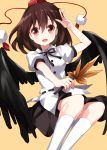  arm_up belt bird_wings black_skirt blush brown_hair eyebrows_visible_through_hair feather_fan feet_out_of_frame hair_between_eyes hand_to_forehead hat highres kneehighs legs_together looking_at_viewer open_mouth outstretched_arm puffy_short_sleeves puffy_sleeves red_eyes ruu_(tksymkw) shameimaru_aya shirt short_hair short_sleeves simple_background skirt solo tokin_hat touhou untucked_shirt white_legwear white_shirt wings yellow_background 