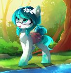  2018 blue_eyes blue_fur blue_hair cutie_mark detailed_background digital_media_(artwork) equine eyewear fan_character female feral forest fur glasses grass hair inner_ear_fluff magnaluna mammal my_little_pony smile solo standing tree water 