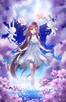  absurdly_long_hair barefoot brown_hair collarbone dress eyebrows_visible_through_hair floating_hair flower frilled_dress frills full_body full_moon hair_between_eyes hanato_kobato highres holding holding_flower je35353577 kobato. long_hair looking_at_viewer moon orange_eyes outdoors pink_flower ribbon shiny shiny_hair sleeveless sleeveless_dress smile solo standing stuffed_animal stuffed_toy sundress very_long_hair white_dress white_ribbon 