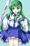  arm_up bare_shoulders blue_background blue_skirt blush breasts cowboy_shot detached_sleeves eyebrows_visible_through_hair frilled_skirt frills frog_hair_ornament gohei green_eyes green_hair hair_between_eyes hair_ornament hair_tubes highres index_finger_raised knees_together kochiya_sanae long_hair looking_at_viewer nontraditional_miko oonusa open_mouth ruu_(tksymkw) sidelocks simple_background skirt small_breasts snake_hair_ornament solo touhou very_long_hair vest white_vest 