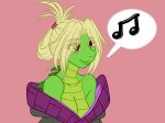  2011 anthro avencri blonde_hair breasts cela cleavage clothed clothing crocodile crocodilian digital_drawing_(artwork) digital_media_(artwork) eyebrows_visible_through_hair eyelashes eyes_visible_through_hair female flat_colors green_body hair musical_note pink_background red_eyes reptile scalie simple_background smile solo 