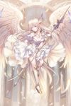  absurdres angel angel_wings breasts cleavage dress full_body highres jewelry long_hair looking_at_viewer necklace original pink_eyes pink_hair polearm rinmmo solo spear weapon white_dress white_feathers white_legwear wings 