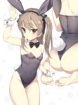  animal_ears ass ass_visible_through_thighs bangs bare_shoulders barefoot black_leotard blush bow bowtie breasts brown_eyes brown_hair bunny_ears bunny_tail bunnysuit covered_navel detached_collar eyebrows_visible_through_hair fake_animal_ears feet frown girls_und_panzer groin hair_between_eyes hair_ribbon highleg highleg_leotard highres ikomochi leotard long_hair multiple_views one_side_up ribbon shimada_arisu shiny shiny_clothes shiny_hair side_ponytail sitting small_breasts soles tail white_background wrist_cuffs 