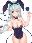  animal_ears black_leotard black_neckwear bow bowtie breasts bunny_ears bunny_girl bunny_tail bunnysuit cleavage cup eyeball green_eyes green_hair heart heart_of_string highres komeiji_koishi leaning_forward leotard long_hair medium_breasts simple_background solo strapless strapless_leotard tail teacup thigh_gap third_eye touhou tray wavy_hair white_background wrist_cuffs yonaga_(masa07240) 