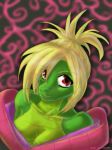  2008 anthro avencri blonde_hair breasts cela cleavage clothed clothing crocodile crocodilian female green_body hair looking_at_viewer red_eyes reptile scalie simple_background solo 