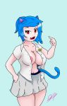  animal_humanoid breasts cartoon_network cat cat_humanoid clothed clothing cyan_background feline female humanoid mammal nicole_watterson nipples partially_clothed pointing_at_self simple_portrait solo the_amazing_world_of_gumball zaanne 