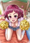  1girl bed bed_sheet blush breasts cleavage cure_yell downblouse erect_nipples from_above hugtto!_precure indoors kneeling looking_at_viewer looking_up matching_hair/eyes medium_breasts no_bra on_bed open_clothes open_mouth open_shirt pillow pom_poms precure red_eyes red_hair short_hair smile solo stuffed_animal stuffed_toy thighhighs wanao 
