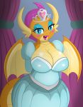  2018 an-tonio anthro big_breasts blue_eyes breasts cleavage clothed clothing dragon fangs female friendship_is_magic half-closed_eyes horn looking_at_viewer my_little_pony open_mouth smolder_(mlp) solo teeth tongue wings 