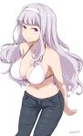  arms_behind_back bangs bare_shoulders bikini_top black_jeans blunt_bangs breasts cleavage collarbone commentary_request cowboy_shot eyebrows_visible_through_hair hair_intakes hairband idolmaster idolmaster_(classic) idolmaster_million_live! kichihachi large_breasts long_hair navel purple_eyes shijou_takane silver_hair smile solo twitter_username white_background 