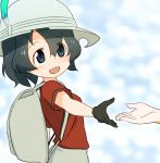  :d backpack bag black_gloves black_hair blue_eyes commentary_request eyebrows_visible_through_hair eyes_visible_through_hair gloves hat hat_feather kaban_(kemono_friends) kemono_friends multiple_girls open_mouth outstretched_arm red_shirt sat-c serval_(kemono_friends) shirt short_hair short_sleeves smile solo_focus white_hat 