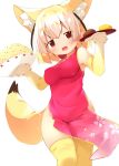  :d alternate_costume animal_ears blonde_hair bowl brown_eyes china_dress chinese_clothes commentary_request dress elbow_gloves extra_ears eyes_visible_through_hair fennec_(kemono_friends) food fox_ears fox_tail gloves highres japari_bun japari_symbol kemono_friends looking_at_viewer makuran medium_hair multicolored_hair open_mouth pink_dress rice side_slit simple_background smile solo tail thighhighs tray white_background white_hair yellow_legwear 