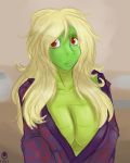  2015 animal_humanoid annoyed avencri blonde_hair breasts brown_background cela cleavage clothed clothing colored_sketch eyebrows_visible_through_hair eyelashes eyes_visible_through_hair female green_skin hair humanoid lips long_hair looking_at_viewer red_eyes reptile reptile_humanoid robe scalie signature simple_background solo watermark 