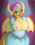  2018 an-tonio anthro areola big_breasts blue_eyes breasts clothed clothing dragon exposed_breasts fangs female friendship_is_magic half-closed_eyes horn looking_at_viewer my_little_pony nipples open_mouth smolder_(mlp) solo teeth tongue wings 