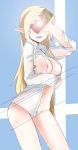  areola_slip areolae blonde_hair blue_eyes blush braid breast_hold breasts cellphone cleavage covered_nipples covering_face drawfag groin large_breasts long_hair no_panties partially_undressed phone pointy_ears pubic_hair pubic_hair_peek sako_rk_95_(upotte!!) sate self_shot smartphone solo upotte!! wet wet_clothes 