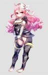  armor barefoot black_armor black_hairband bow breasts claws cleavage commentary_request elbow_gloves female_my_unit_(fire_emblem_if) fire_emblem fire_emblem_if full_body gloves gold_trim grey_background hair_bow hairband half-closed_eyes highres long_hair medium_breasts my_unit_(fire_emblem_if) negiwo pink_hair pointy_ears red_eyes sharp_toenails simple_background solo standing toeless_legwear toenails white_bow white_gloves 