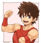  :d bandages bandaid bandaid_on_face biceps border brown_eyes brown_hair clenched_hand collarbone flexing male_focus muscle open_mouth pegasus_seiya pose red_shirt saint_seiya shirt short_hair sleeves_rolled_up smile solo torakichi_(ebitendon) twitter_username upper_body v-shaped_eyebrows 