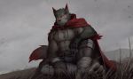  anthro bandage bulge canine cape clothed clothing glowing glowing_eyes looking_at_viewer male mammal muscular muscular_male outside pecs sitting solo takahirosi 