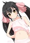  bangs bare_shoulders black_hair blush closed_mouth commentary_request deza hair_ribbon highres idolmaster idolmaster_cinderella_girls long_hair looking_at_viewer matoba_risa midriff navel ribbon simple_background smile solo stomach twintails white_background yellow_eyes 