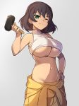  ;) absurdres bangs bare_shoulders black_hair breasts clothes_around_waist cowboy_shot curcumin dark_skin eyebrows_visible_through_hair girls_und_panzer green_eyes grey_background groin hand_on_hip highres hoshino_(girls_und_panzer) large_breasts looking_at_viewer mallet navel one_eye_closed short_hair simple_background smile solo underboob 
