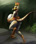  2018 anthro bird_wyvern breasts butt capcom claws egg feathers female green_eyes kulu_ya_ku looking_at_viewer monster_hunter monster_hunter_world nude oniontrain outside running solo toe_claws video_games 
