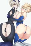  akatsuki_ikki anatomical_nonsense animal_ears areola_slip areolae artoria_pendragon_(all) artoria_pendragon_(lancer) artoria_pendragon_(lancer_alter) ass bad_anatomy blonde_hair blue_background blue_legwear braid breast_press breasts circlet elbow_gloves fate/grand_order fate_(series) gloves highres huge_breasts long_hair looking_at_viewer multiple_girls parted_lips raised_eyebrows simple_background smile smirk symmetrical_docking take_your_pick thighhighs thighs 