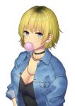  blonde_hair breasts bubble_blowing chewing_gum choker cleavage daidai_jamu earrings eyebrows_visible_through_hair grey_eyes highres jacket jewelry large_breasts looking_at_viewer necklace original short_hair solo stud_earrings upper_body 