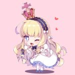 ;d azur_lane bangs black_footwear blonde_hair blue_eyes blush bow chibi commentary_request crown detached_sleeves dress eyebrows_visible_through_hair fang full_body gloves hair_bow hair_ornament hairband heart juliet_sleeves leaning_forward long_hair long_sleeves looking_at_viewer mini_crown one_eye_closed open_mouth pantyhose pikomarie pink_background puffy_sleeves queen_elizabeth_(azur_lane) sleeveless sleeveless_dress smile solo standing striped striped_legwear tilted_headwear v-shaped_eyebrows vertical-striped_legwear vertical_stripes very_long_hair white_bow white_dress white_gloves white_legwear 