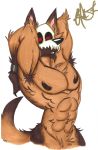  abs alejandrogsd_(artist) anthro armpit_hair brown_fur canid canine canis dog flexing fur german_shepherd hands_behind_head male mammal muscular muscular_male nipples nude pecs pubes skull skull_mask solo thanatos_(character) traditional_media_(artwork) 