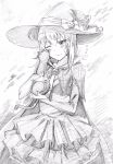 blush cape cat closed_mouth commentary_request cowboy_shot dress embarrassed eyebrows_visible_through_hair flying_sweatdrops girls_und_panzer graphite_(medium) greyscale hat highres holding holding_cat itsumi_erika long_hair monochrome one_eye_closed pink_x scan short_dress sketch solo traditional_media witch witch_hat 